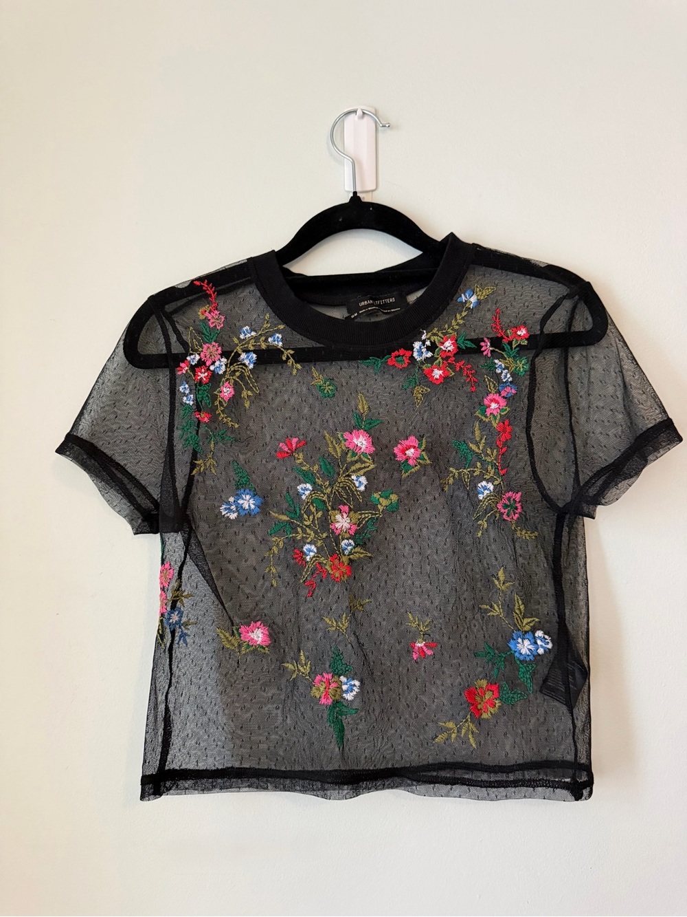 Urban Outfitters Sheer Mesh Tee with Floral Embroidery 🥀